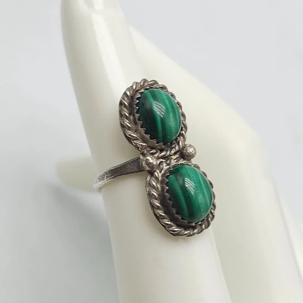 Vintage Navajo Sterling Silver Green Malachite Double Stone Ring Size 5